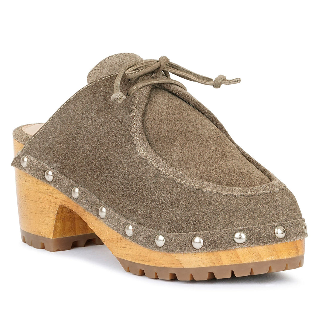 iroko suede tie detail stud clogs#color_taupe