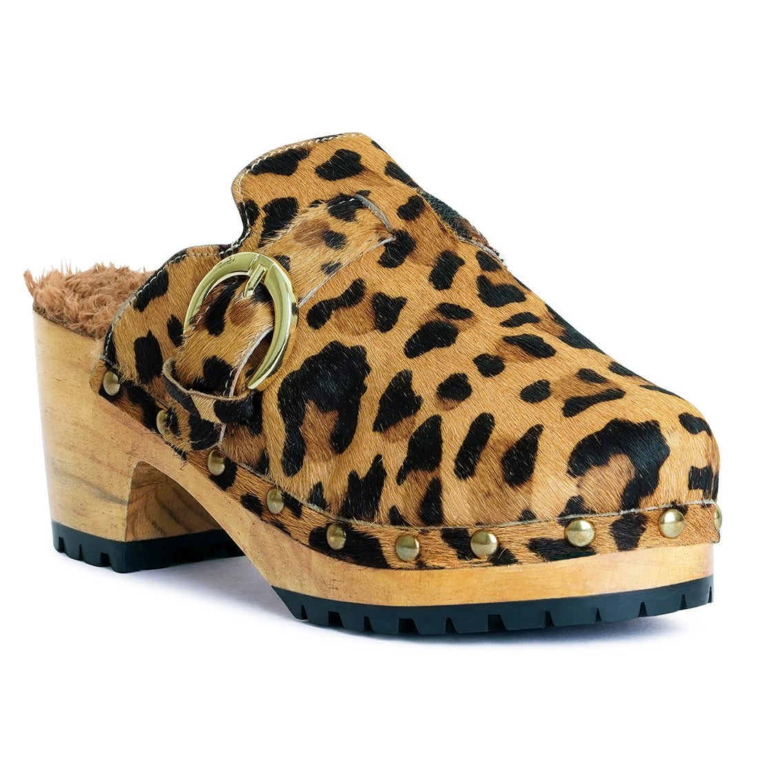 prunus leopard buckled suede round toe clogs#color_camel