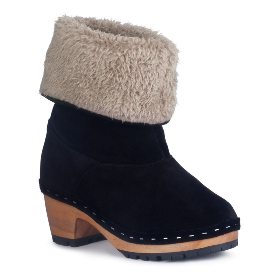 JUGLANS Fur Collared Ankle Clog Boots