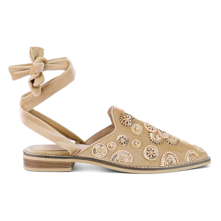 Embroidered Velvet Mules In Beige