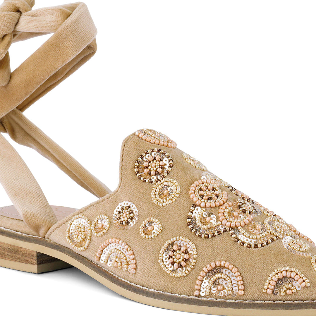 Embroidered Velvet Mules In Beige
