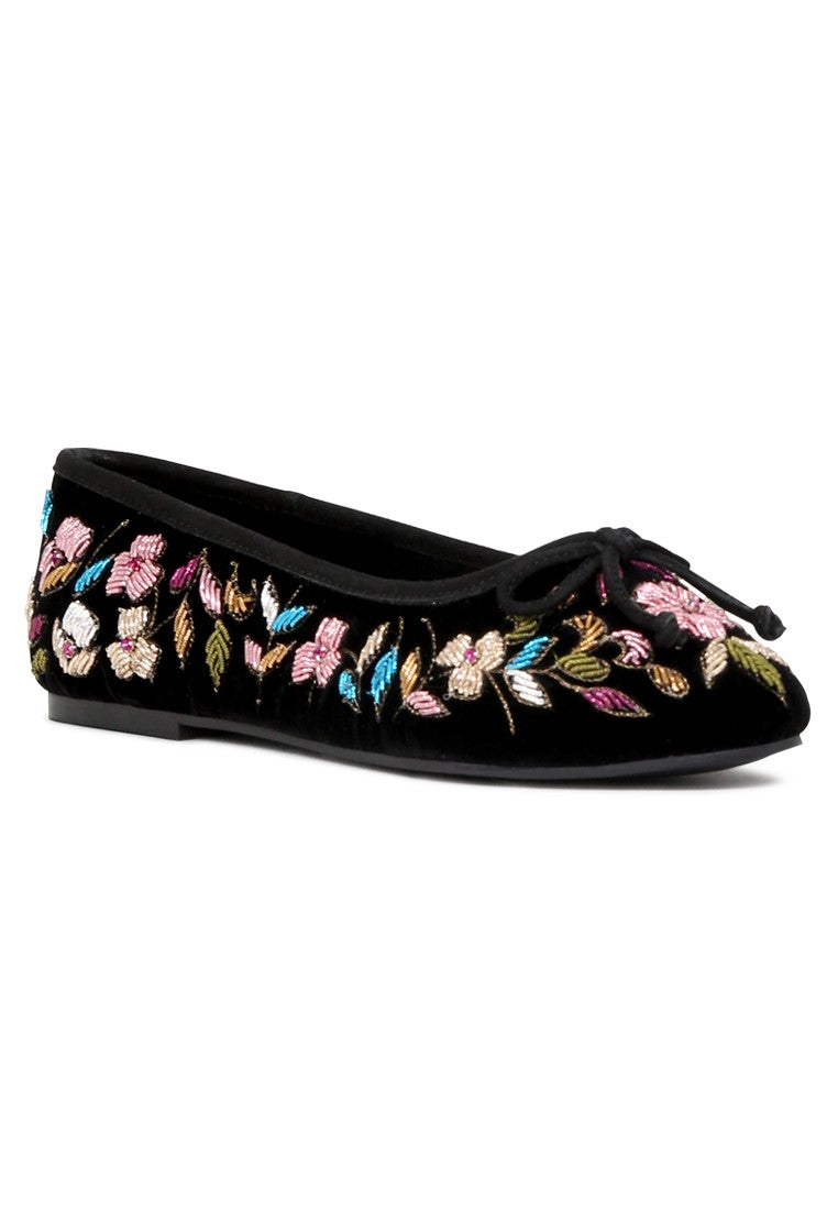 Black Synthetic Embroided Beverly Flat Ballerinas - Black