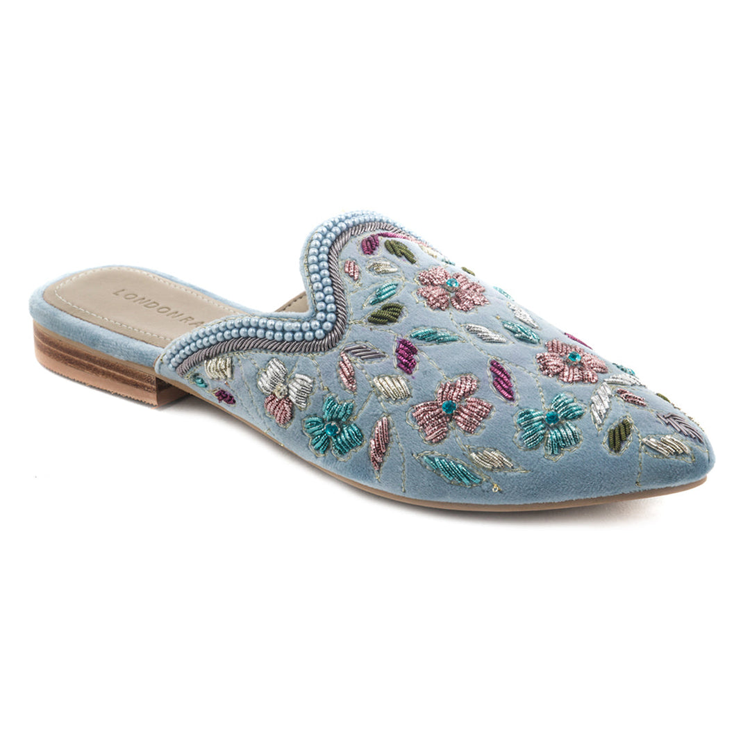 Blue Embroided Velvet Flat Mules - Blue