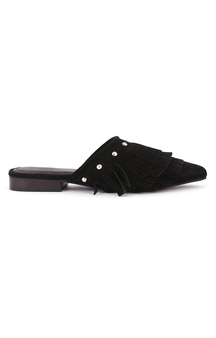 Black Synthetic Pointed Toe Marissa Flat Mules - Black