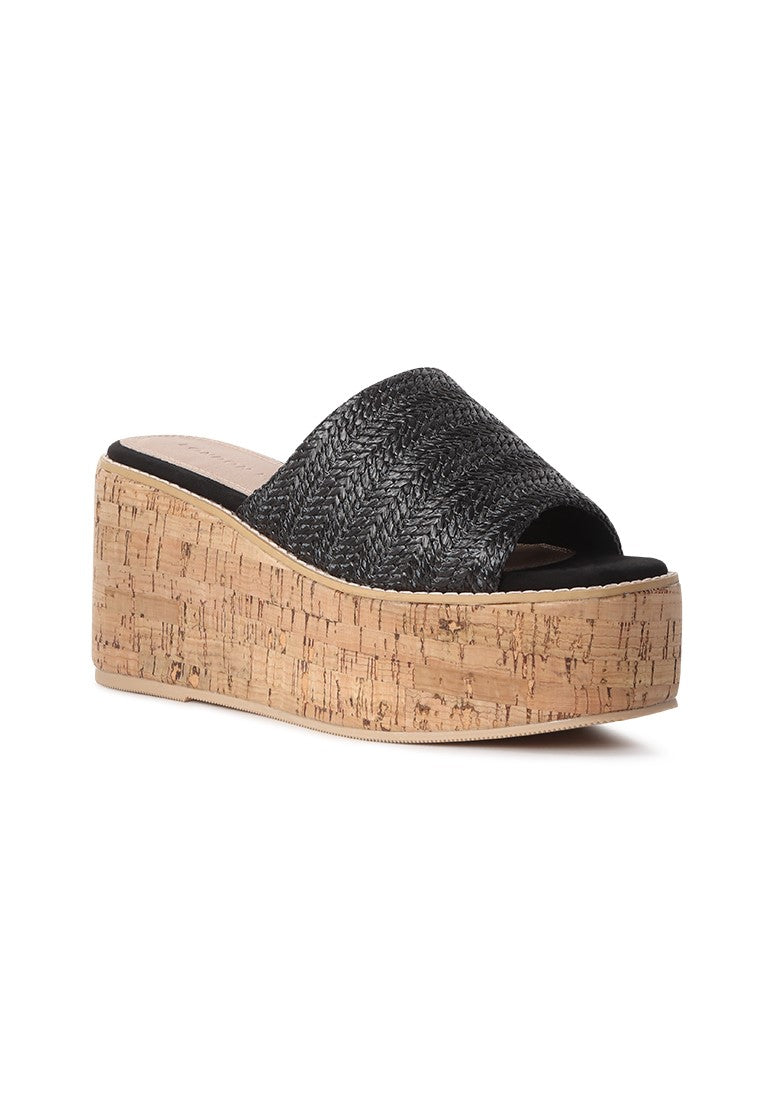 Black Raffia Slip-on Platform - Black