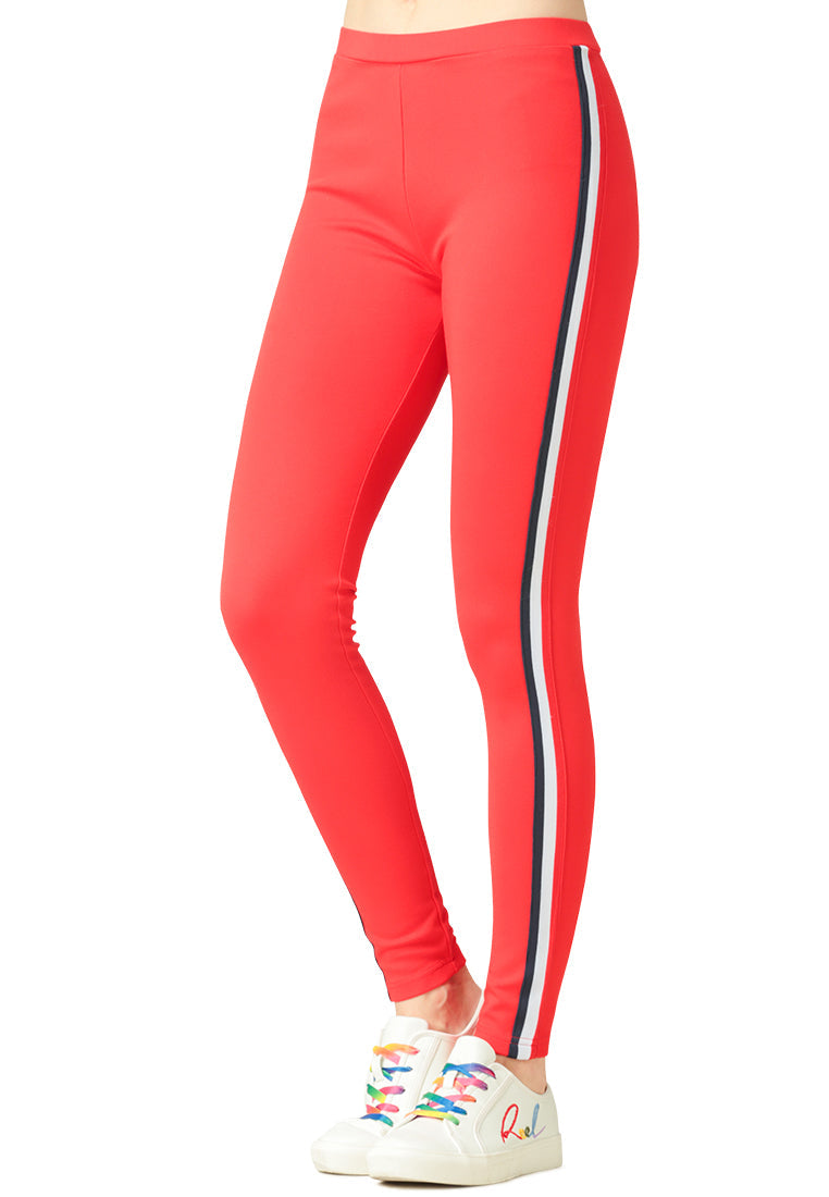 Red Striped Tape Side Leggings - Red