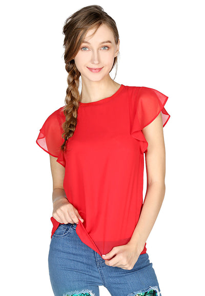 Red Short Flutter Sleeve Casual Top - London Rag India