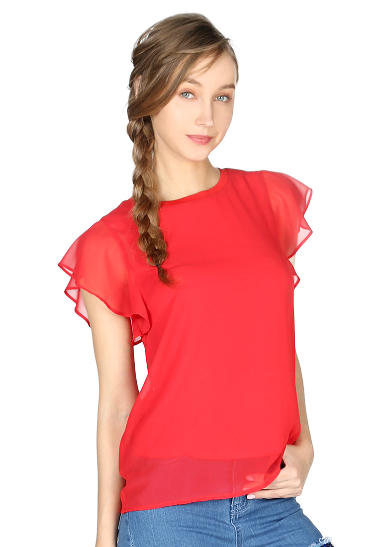 Red Short Flutter Sleeve Casual Top - Red