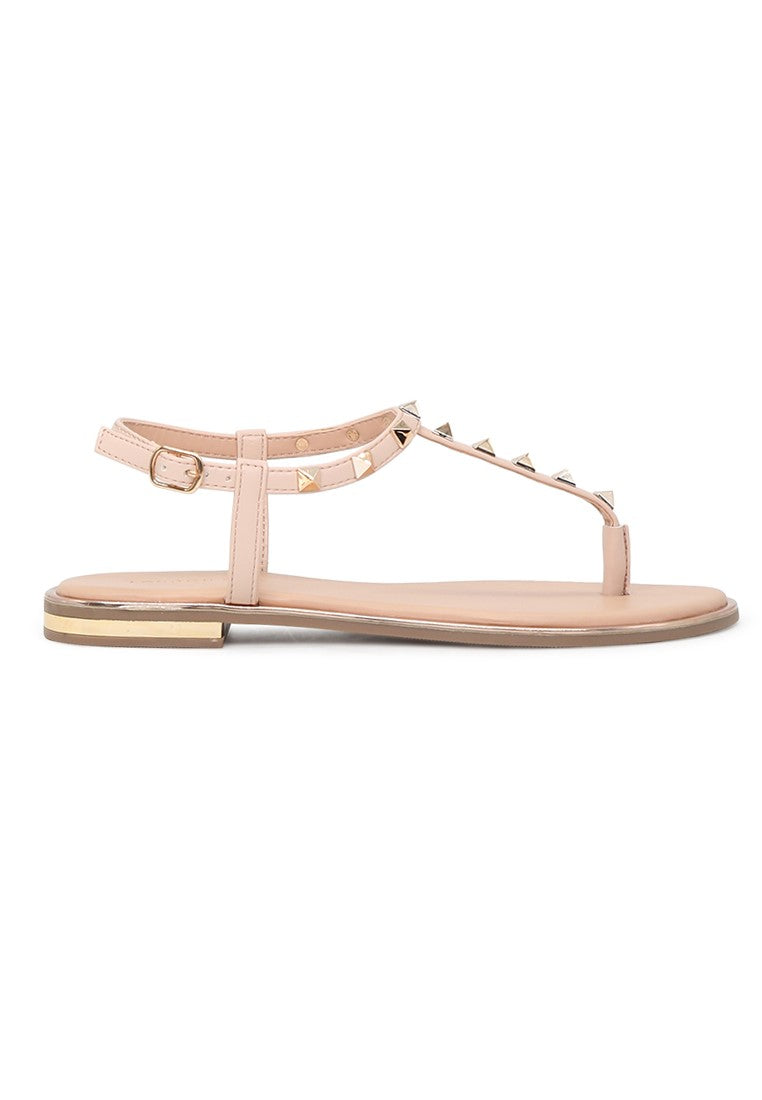 Nude Flat T-strap Thong Sandals - Beige
