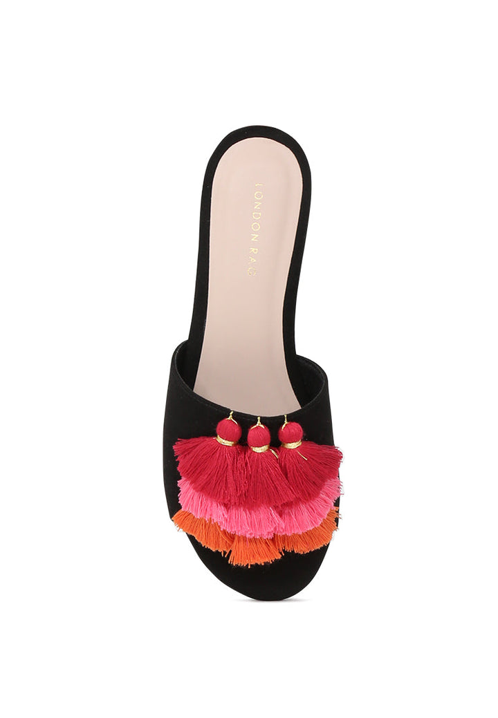 Black Flat Sandal with Tassels - Black