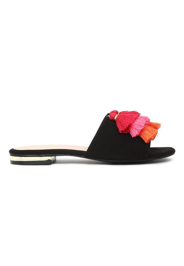 Black Flat Sandal with Tassels - Black