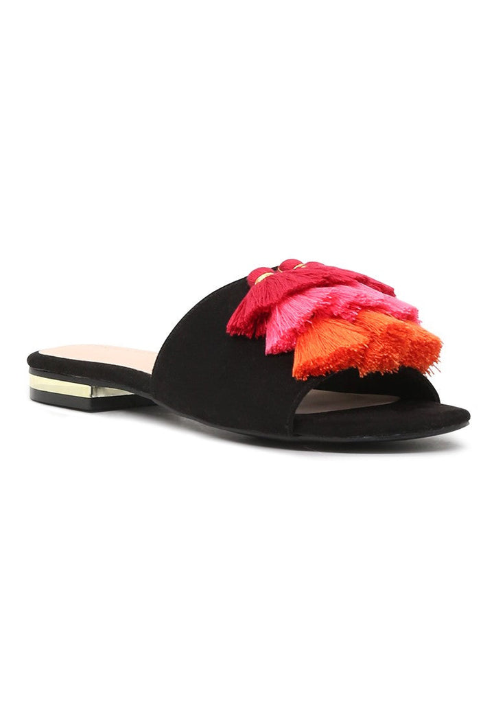 Black Flat Sandal with Tassels - Black