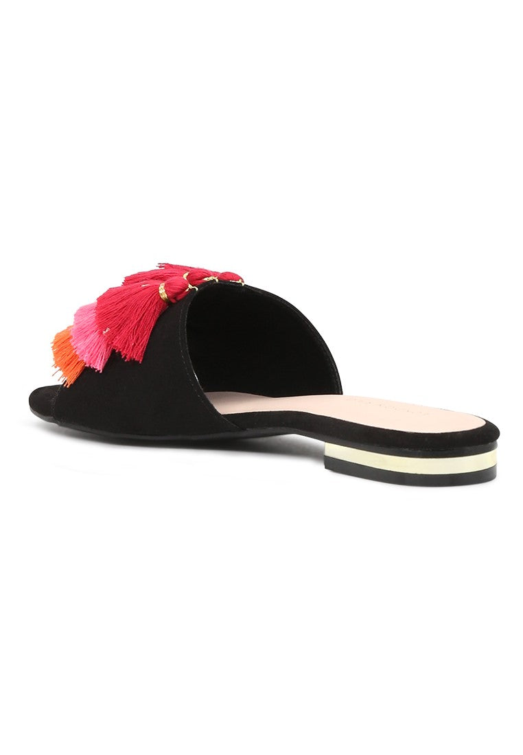 Black Flat Sandal with Tassels - Black