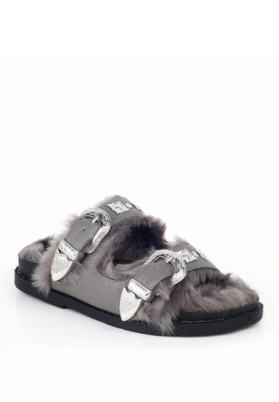 Grey Fur-lined Sandals - Grey