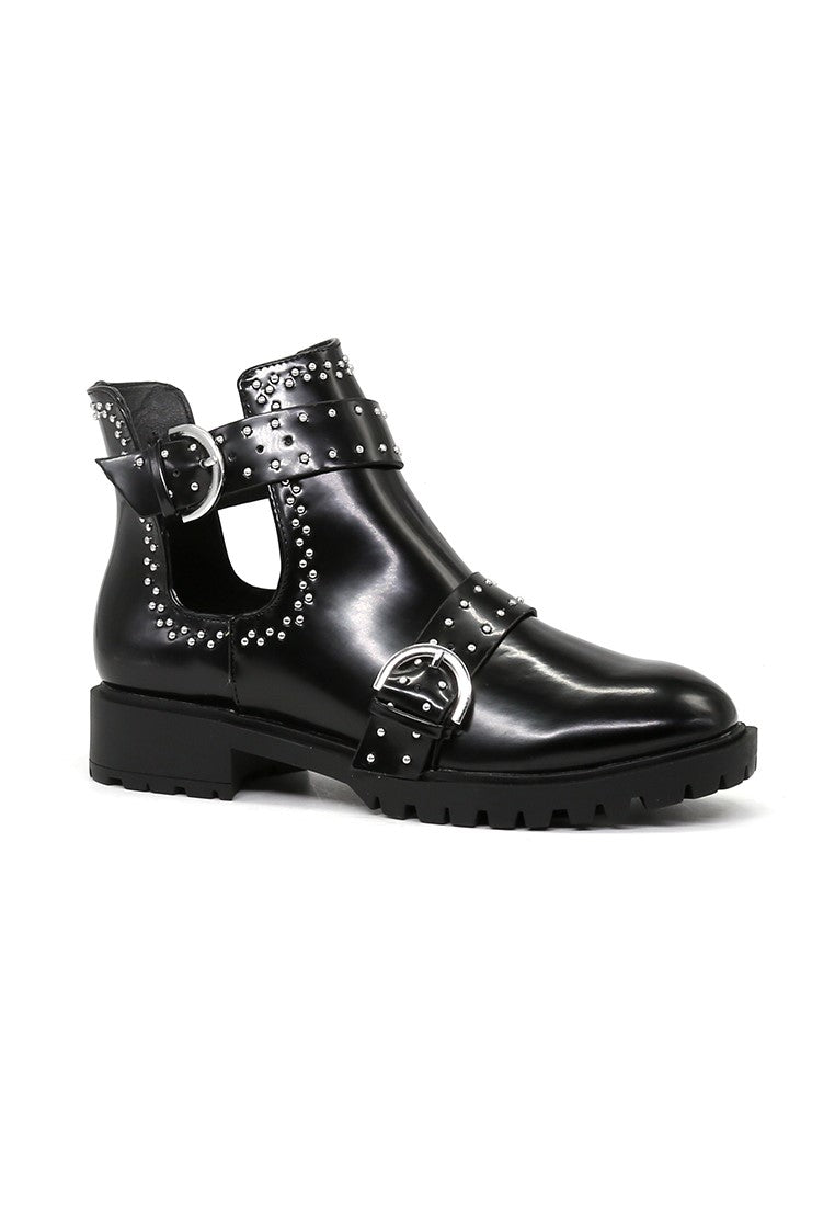 Black Cut Out Studded Boots - Black