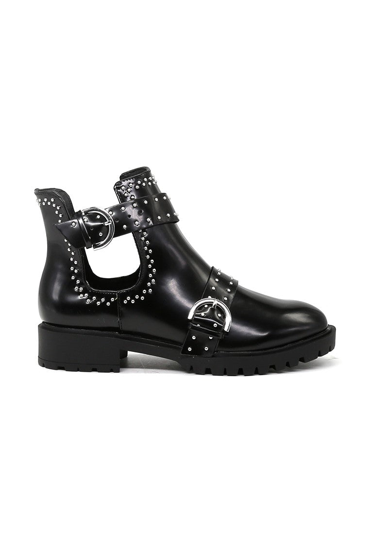 Black Cut Out Studded Boots - Black