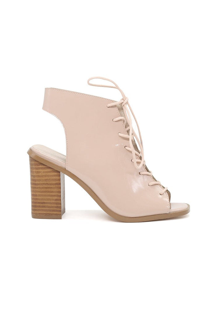 Nude Lace-Up Peep Toe Sandals - Beige