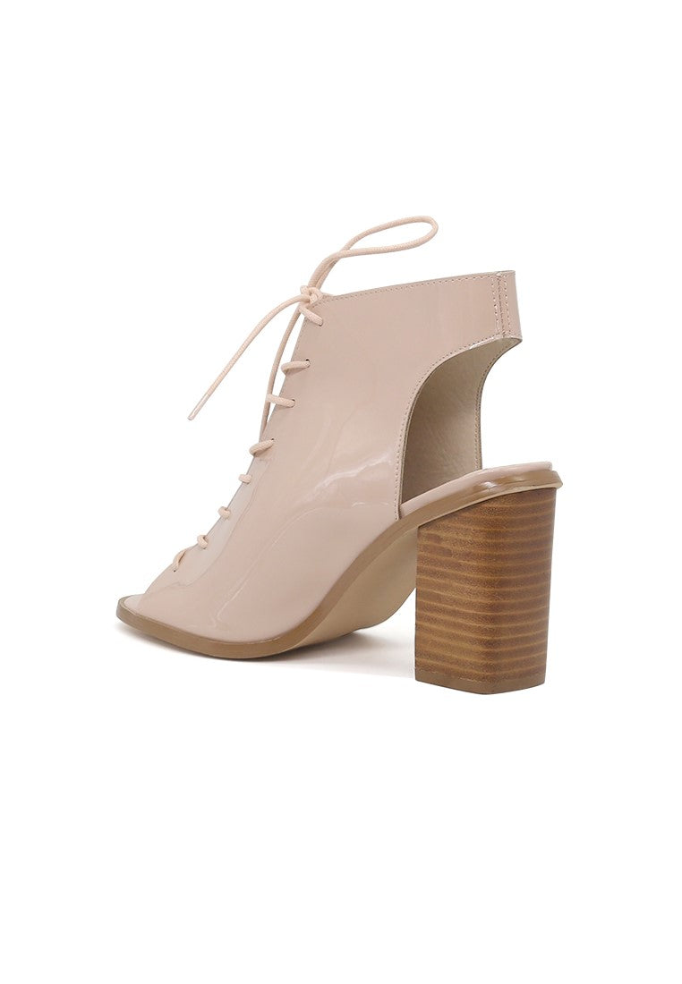 Nude Lace-Up Peep Toe Sandals - Beige