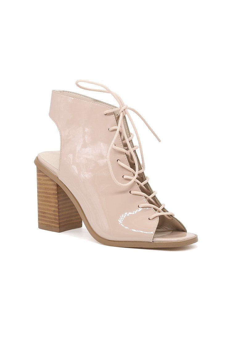 Nude Lace-Up Peep Toe Sandals - Beige