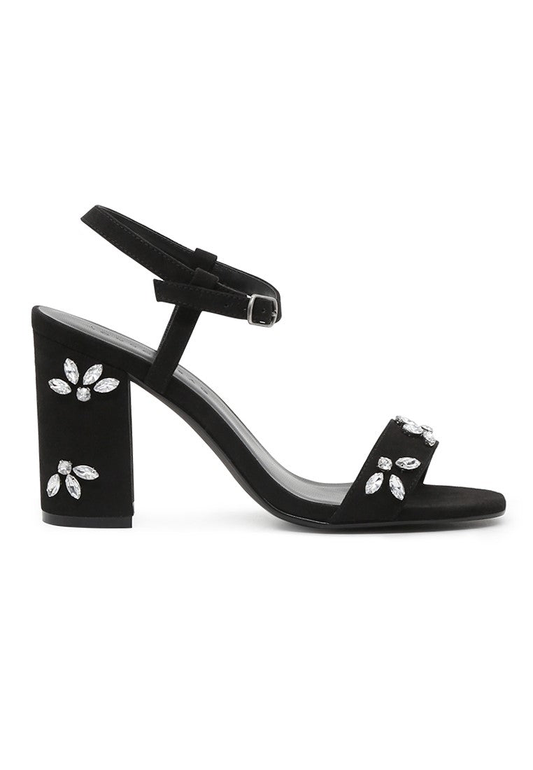 Black Embellished Ankle Strap Peep Toe Sandals - Black