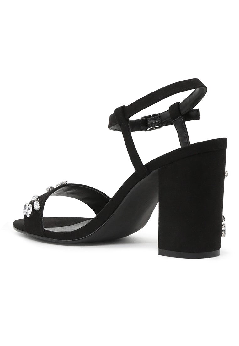 Black Embellished Ankle Strap Peep Toe Sandals - Black