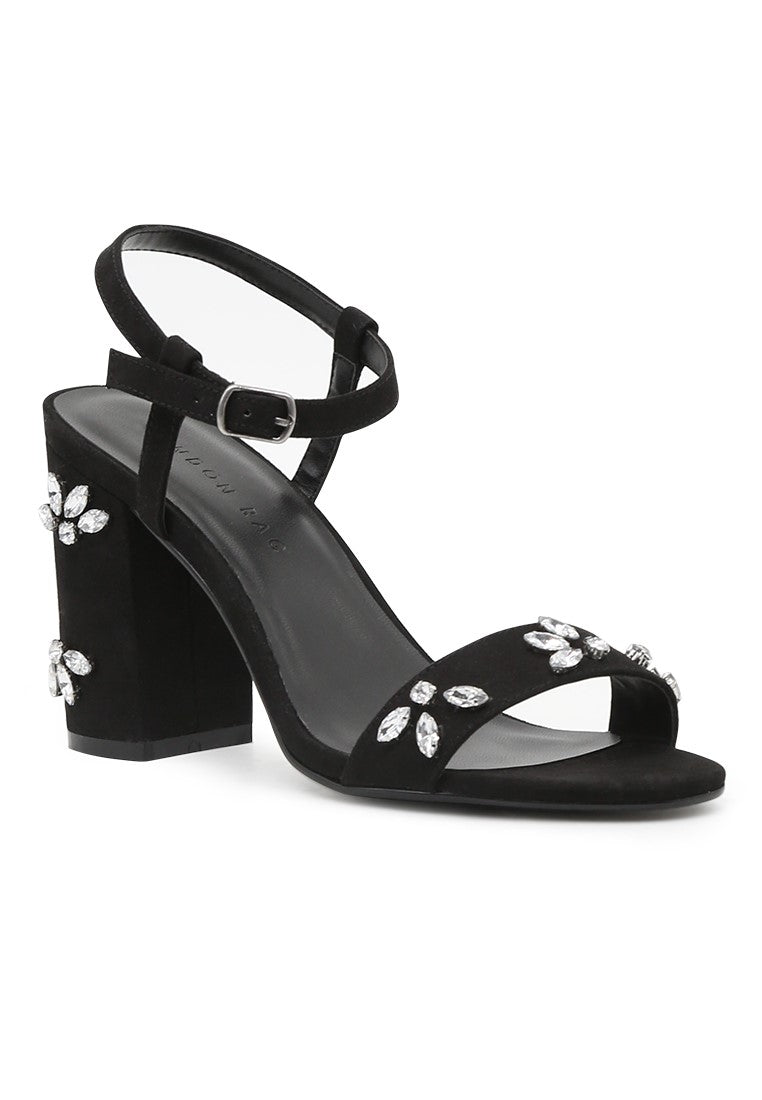 Black Embellished Ankle Strap Peep Toe Sandals