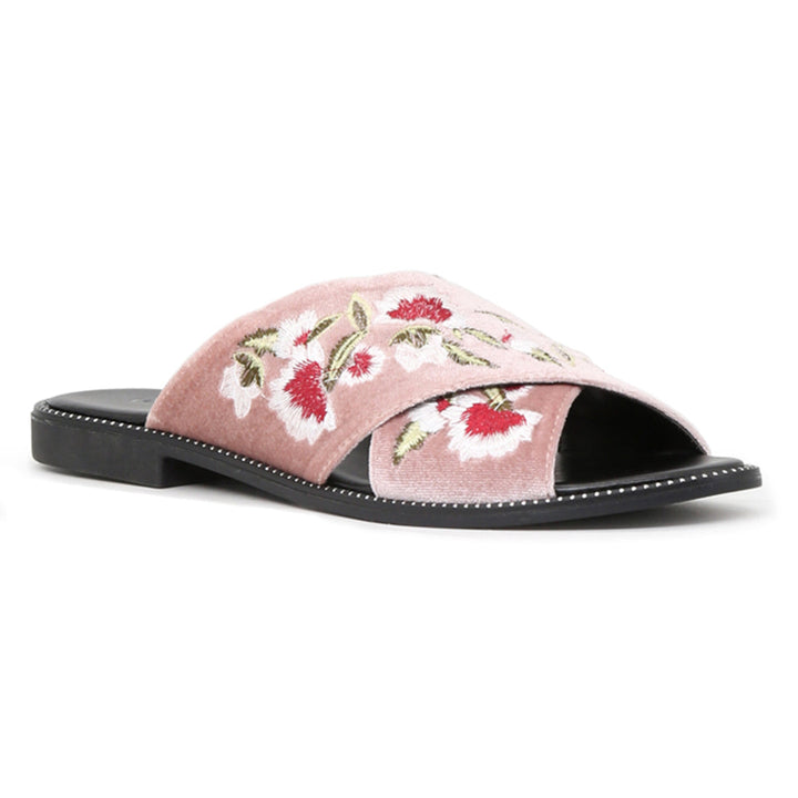 Blush Cross Strap Flat Embroidered Sandal - Blush