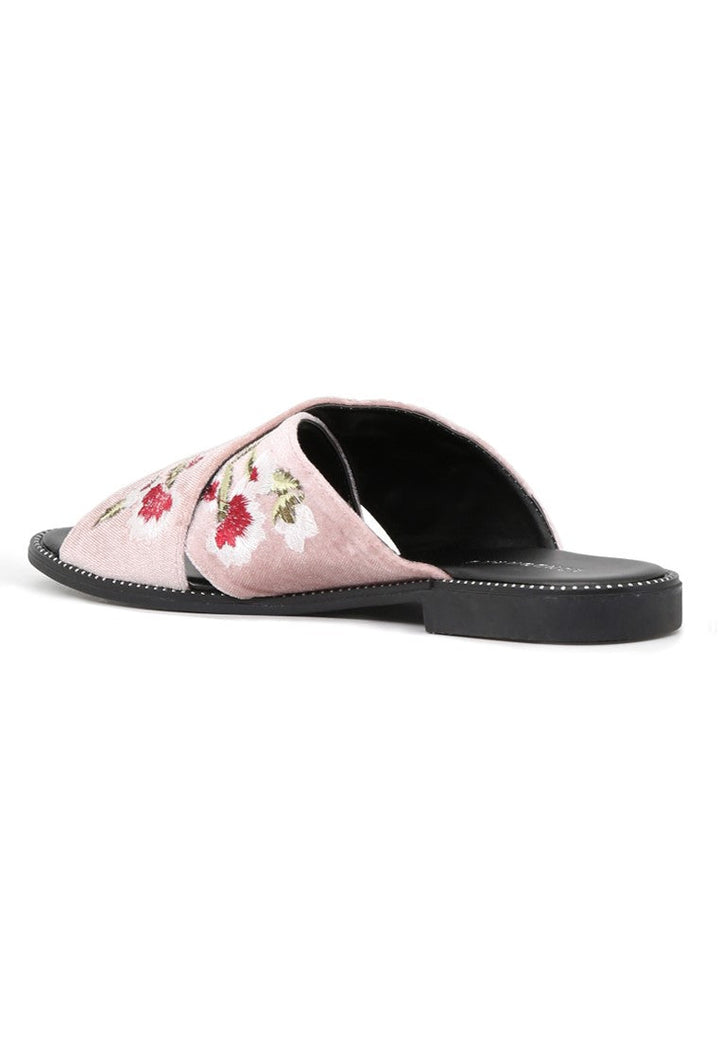 Blush Cross Strap Flat Embroidered Sandal - Blush