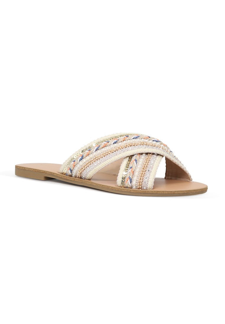 Beige Cross Strap Glamorous Flat Embellished Sandals - Beige