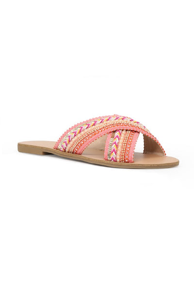 Coral Cross Strap Glamorous Flat Embellished Sandals - Pink