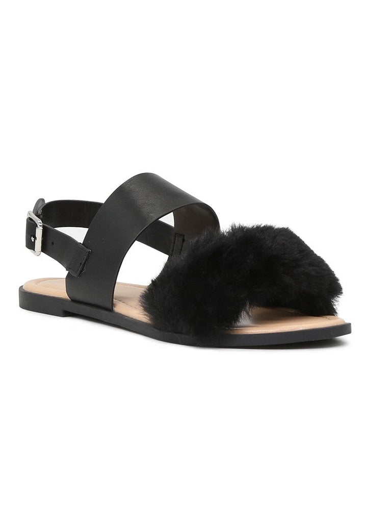 Black Fur Double Strap Slingback Flat Sandals - Black