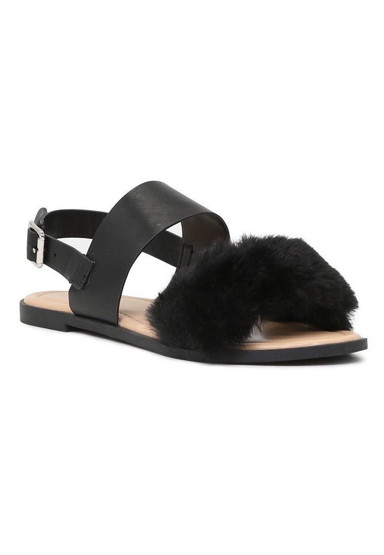 Black Fur Double Strap Slingback Flat Sandals