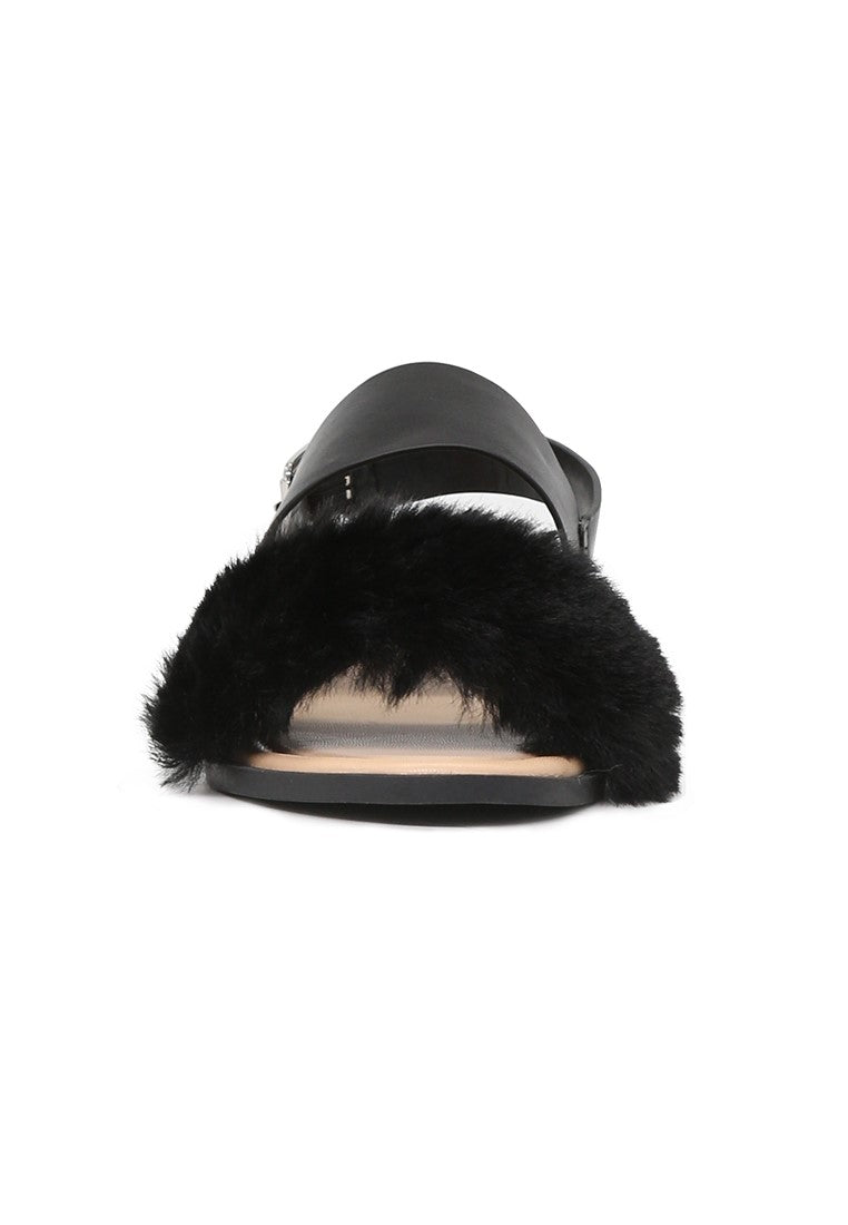 Black Fur Double Strap Slingback Flat Sandals - Black
