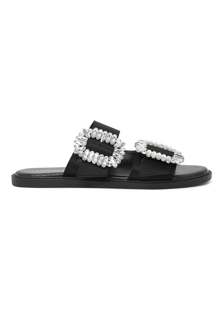Black Double Strap Flat Sandals - Black
