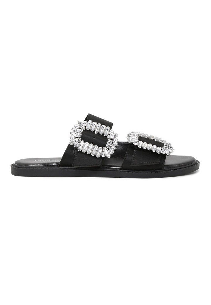 Black Double Strap Flat Sandals - Black