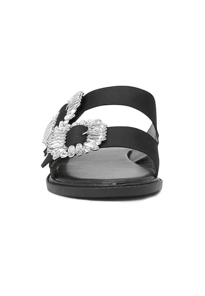 Black Double Strap Flat Sandals - Black