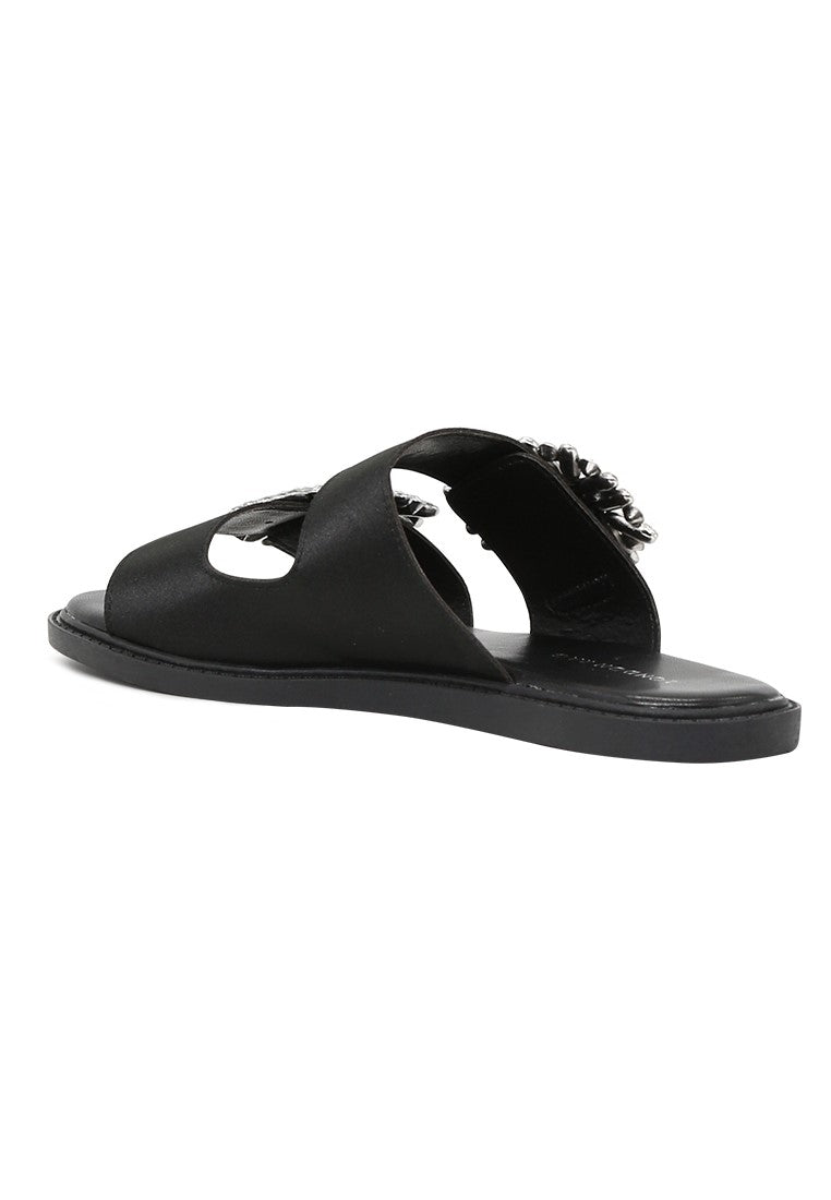 Black Double Strap Flat Sandals - Black