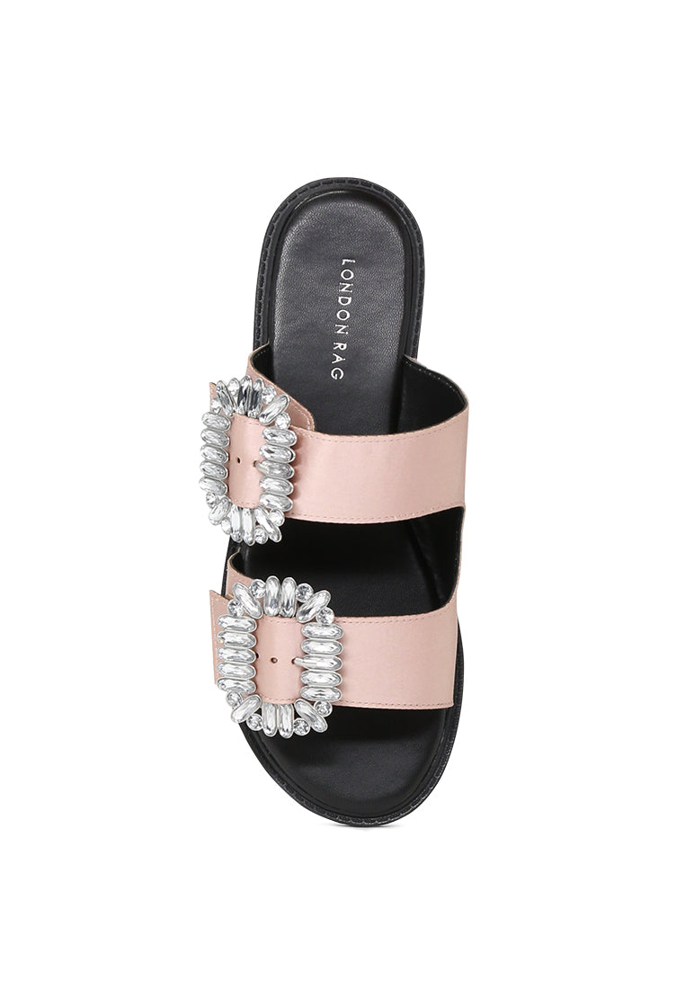 Pink Double Strap Flat Satin Sandal - Pink
