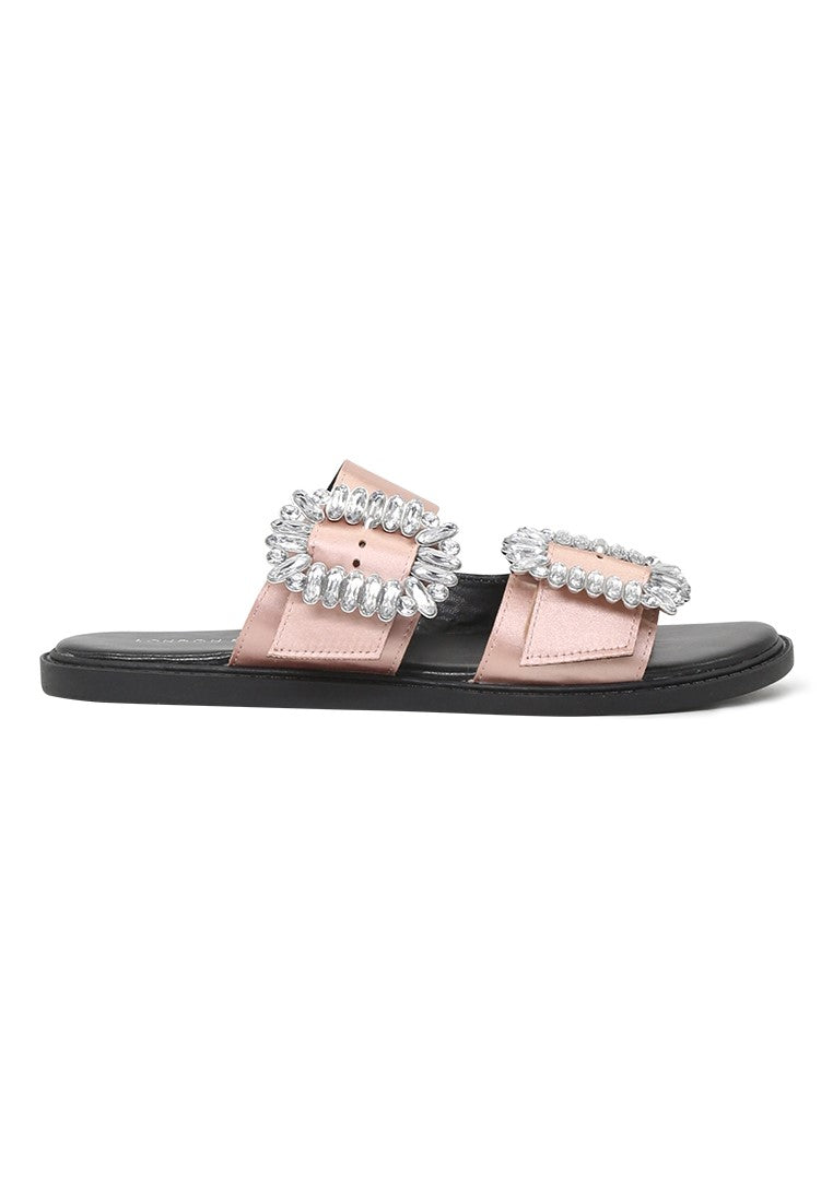 Pink Double Strap Flat Satin Sandal - Pink