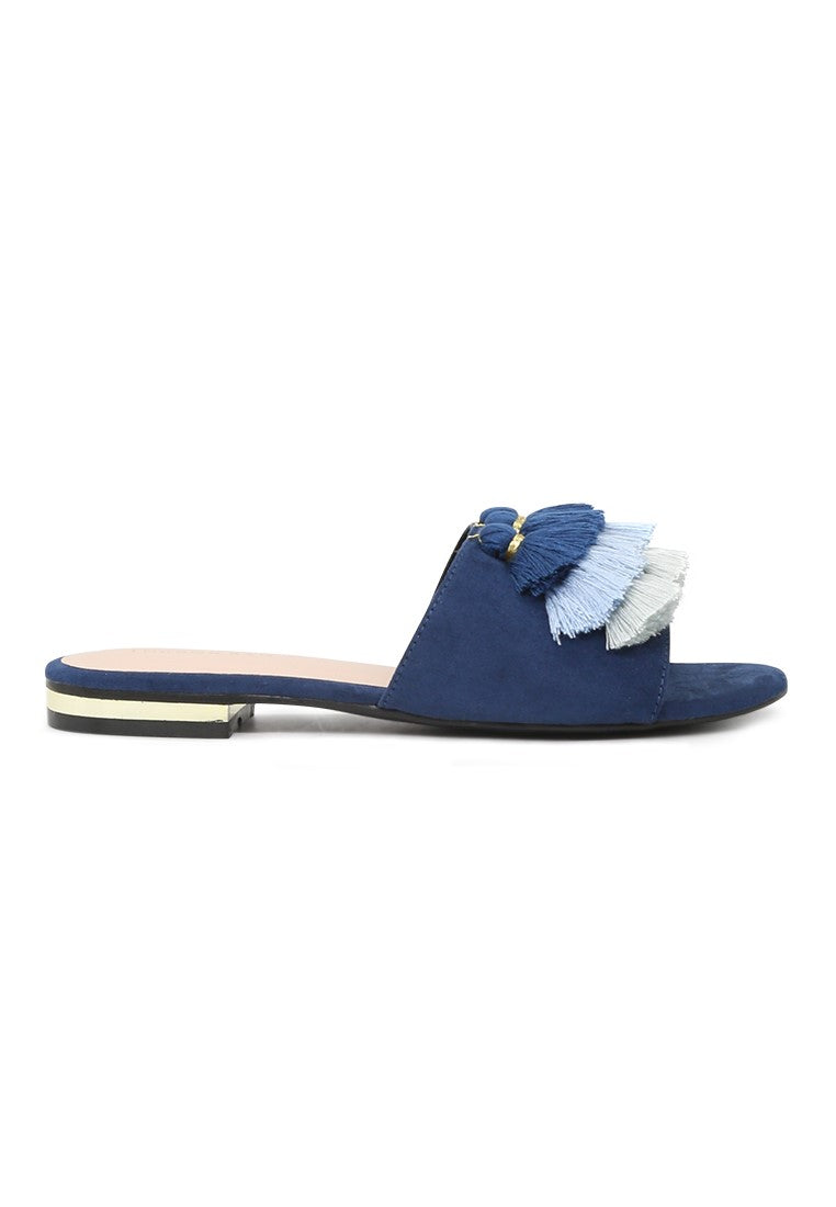 Blue Flat Sandal with Tassels - Blue