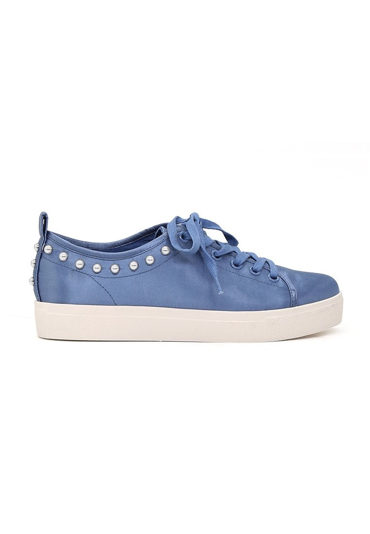 Shawna Blue Metallic Pearl Lace Up Sneakers - Blue