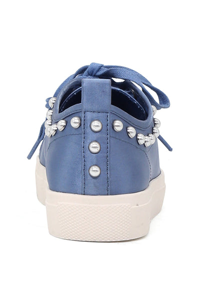 Shawna Blue Metallic Pearl Lace Up Sneakers - Blue