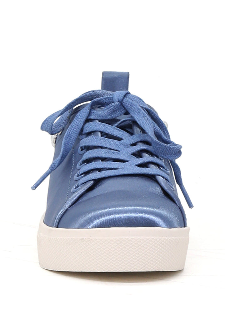 Shawna Blue Metallic Pearl Lace Up Sneakers - Blue