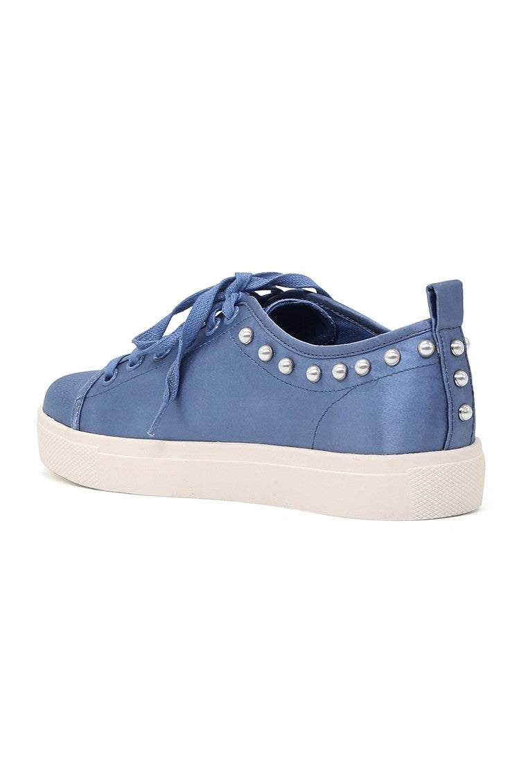 Shawna Blue Metallic Pearl Lace Up Sneakers - Blue