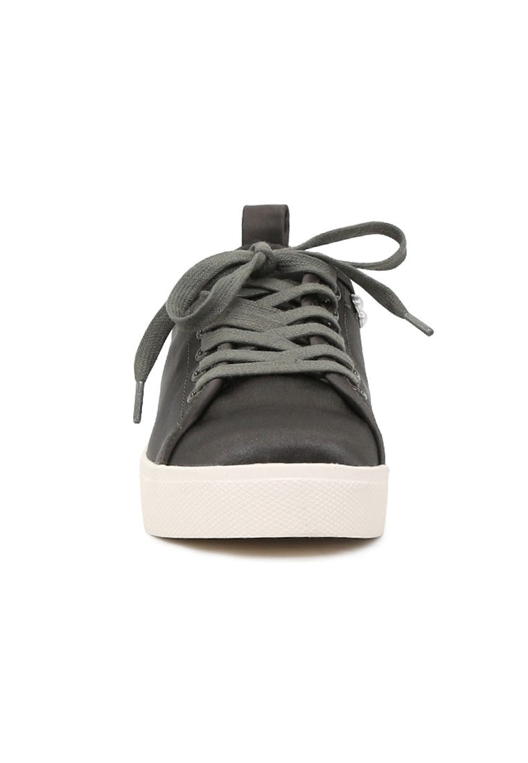 Shawna Grey Metallic Pearl Lace Up Sneakers - Grey