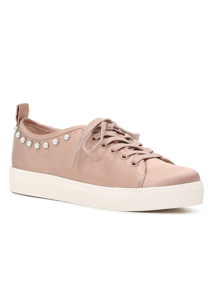 Shawna Blush Metallic Pearl Lace Up Sneakers - Blush