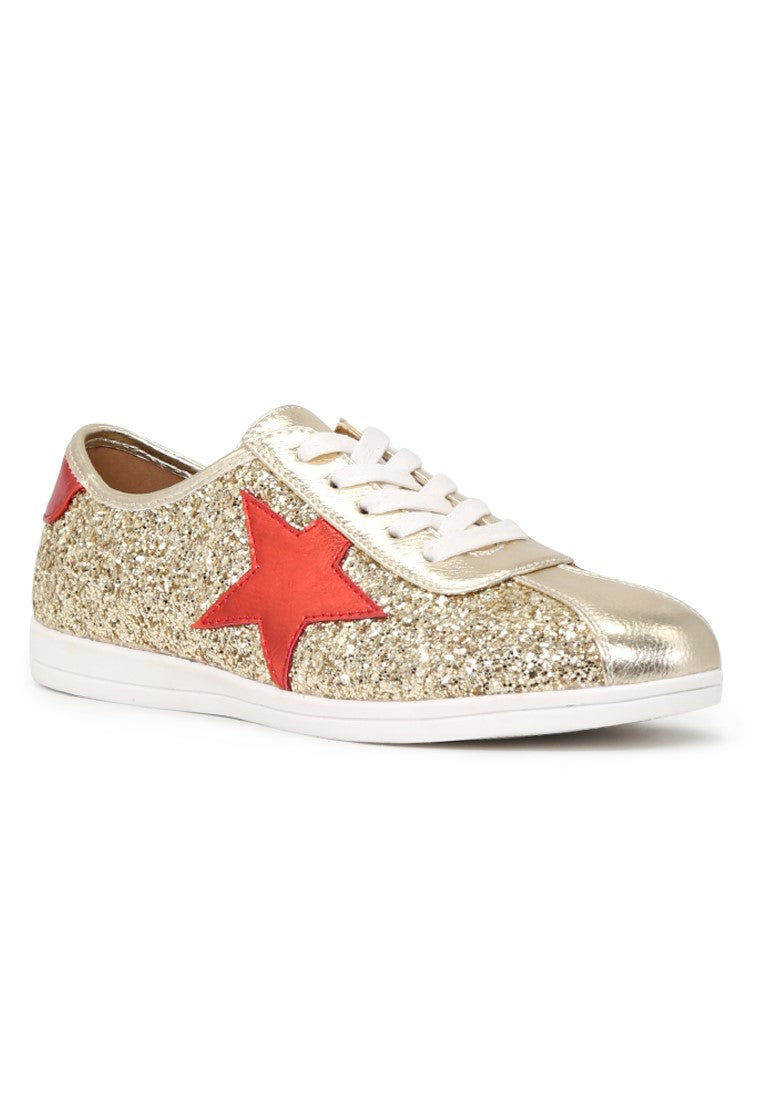 Gold Star Glitter Lace-Up Sneakers