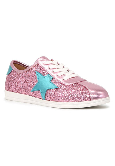 Pink Star Glitter Lace-Up Sneakers