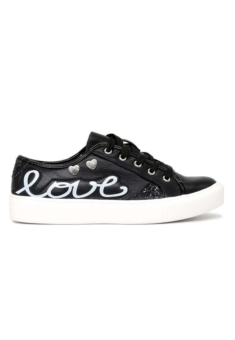 Black Love Print Lace-Up Sneakers - Black