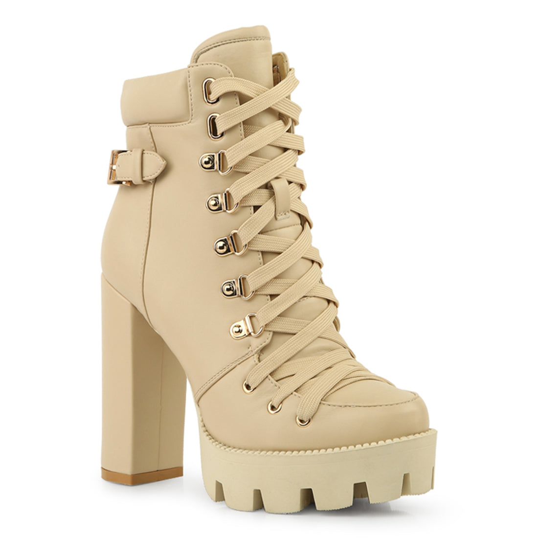 Collared Lace Up Combat Boots in Beige - UK3